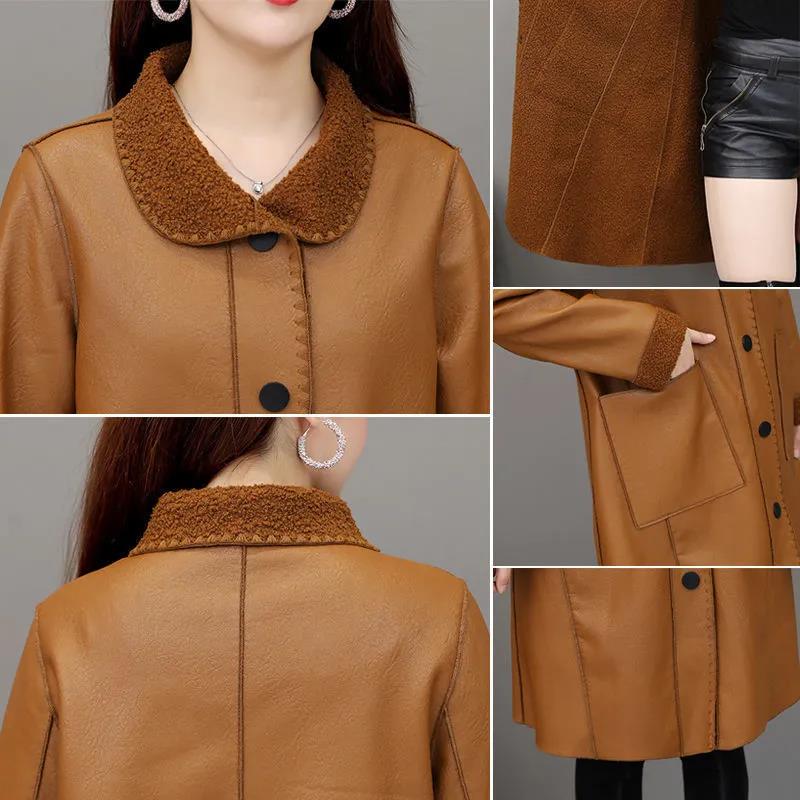 Winter frauen Leder Mode Pelzmantel Lamm Pelzmantel Plus Samt Verdickung Medium Lange Große Größe Leder Mantel