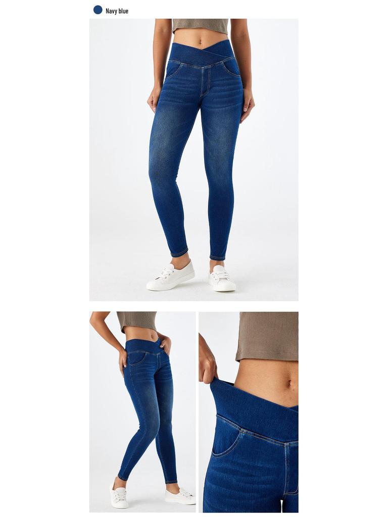 Women's European & American High-Stretch Cross-Waist Skinny Jeans with Pockets, Slimming, Butt-Lifting, Cat Whiskers & Monkey Wash.