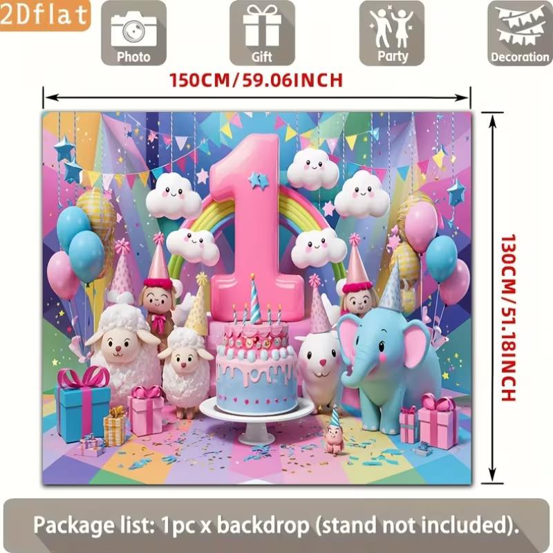 2D 1st Birthday Photography Backdrop Cartoon Animals & Rainbow Baby Shower Background