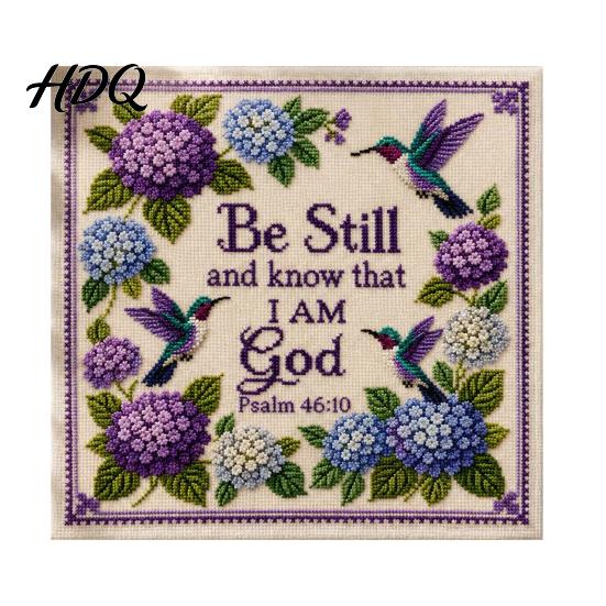 Stamped Cross Stitch Fabric Hummingbird Hydrangea Embroidery Kit Garden Faith DIY Kit Easy for Beginners with Psalm Fabric Beginner Hand Craft