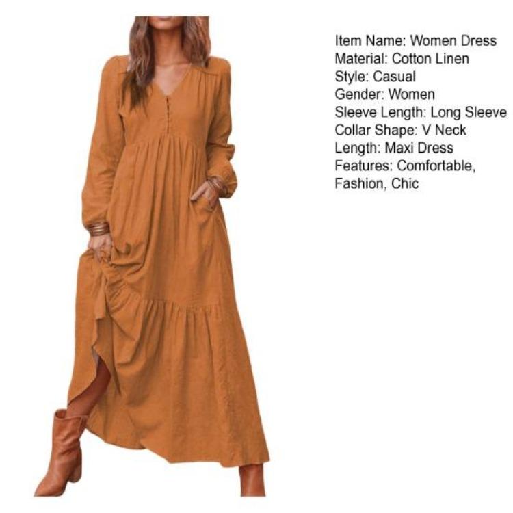 Women Long Sleeve Bohemian Cotton Linen Swing Dress Oversized V Neck Flowy Tiered Ruffle Pleated Long Dress