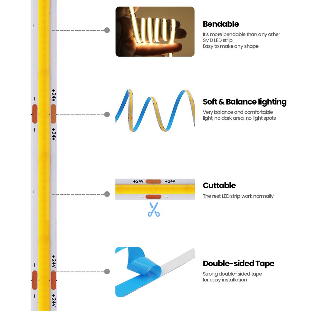 12V 24V COB LED Strip Light 320LEDs/M High Density Flexible 8mm FOB Tape Lights 5M 10M RA90 Warm Nature Cold White Linear Ribbon