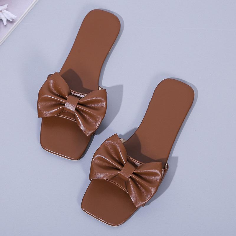 Fashion Women's Slippers Pink Leather Flat Slippers for Women Summer Square Toe Bow Sandals Woman Slides Outdoor Non-slip Beach Slippers
