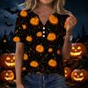 Women's Halloween Print V-Neck Short Sleeve T-Shirt with Decorative Buttons for Casual Wear