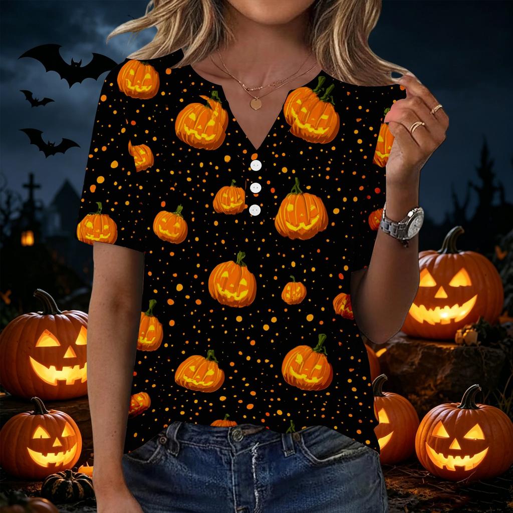 Women's Halloween Print V-Neck Short Sleeve T-Shirt with Decorative Buttons for Casual Wear