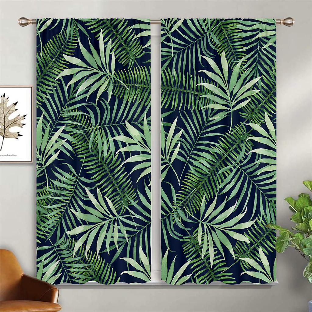 Modern Minimalist Wind Rainforest Green Leaf Print Curtains, 2 Panel, Living Room, Bedroom, Balcony, Kitchen Decorative Curtains