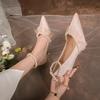 Fashion Luxury Silk White Wedding Shoes for Women 2024 Summer Pearl Ankle Straps High Heels Pumps Woman Pointed Toe Heeled Dress Shoes