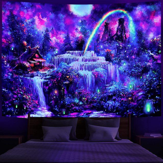 Trippy Planet Tapestry Uv Reactive Waterfall Landscape Room Decor Aesthetic Psychedelic Wall Hanging Mushroom Gothic Home Decor