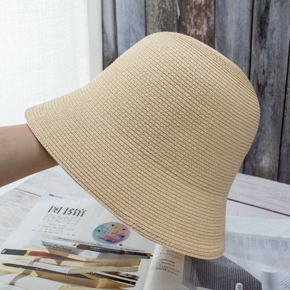 Foldable Women Straw Bucket Hat Solid Color Fisherman Hat Outdoor Beach Hat