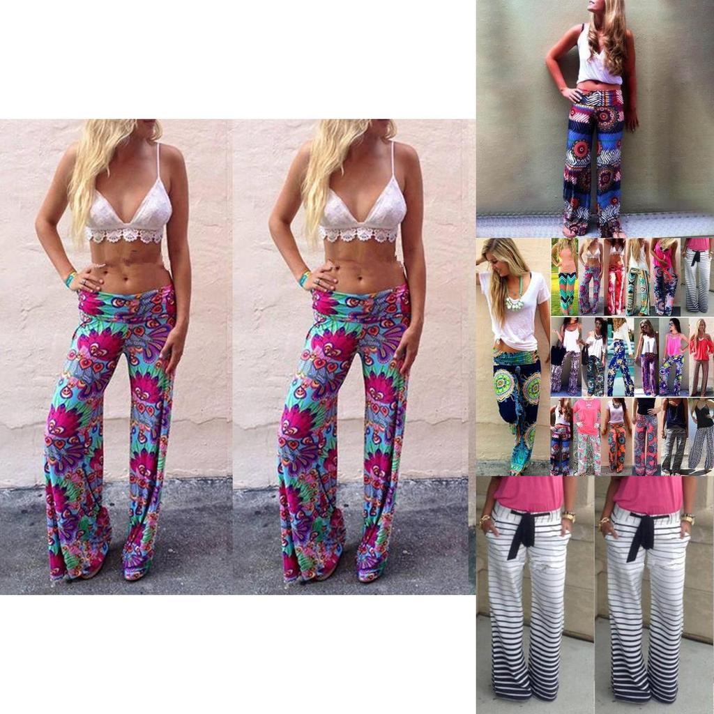 Women Bohemia Long Pants Floral Print Straight Casual Loose Trousers With Micro Fiber Material