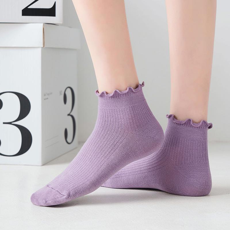Dames Katoenen Sokken - Effen Kleur, Losse Rand, Houten Oor Ontwerp, Kort voor Lente & Herfst, Koreaans/Japans Stijl.