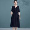 Summer Fashion V-Neck Solid Color Waist Cinched Short-Sleeved Mulberry Silk Women's Dress