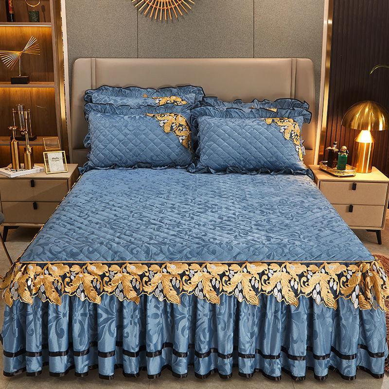 European Style Winter Velvet Thicken Bedspread Luxury Bed Skirt Style Bed Sheets Lace Embroidery Cotton Quilted Mattress Cover