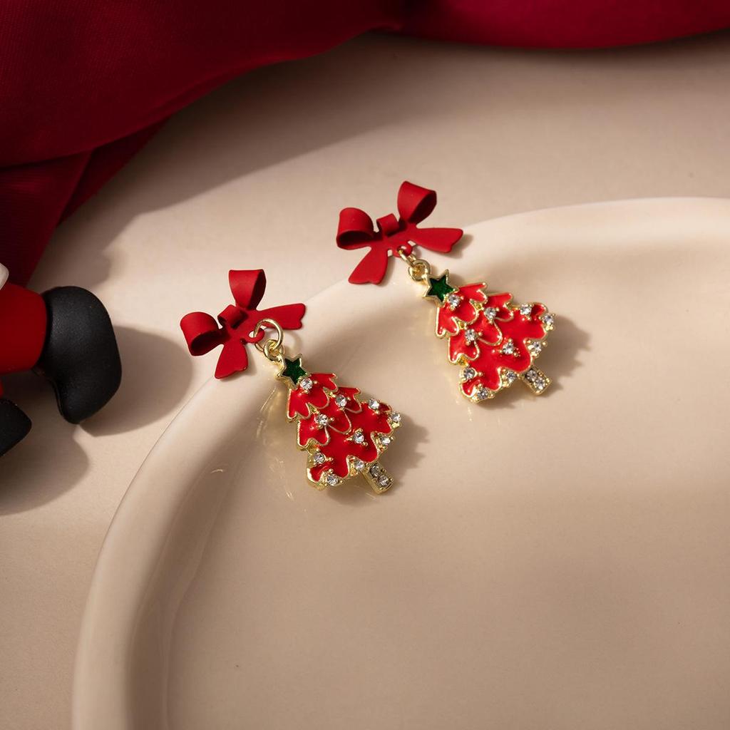 Elegant Red Christmas Tree Bow Earrings for Women - Festive Holiday Jewelry