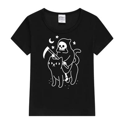 Death Cat Pattern Womens Short Sleeve Simple Line Printed Tshirt Loose Large Round Neck Cute Home Clothes