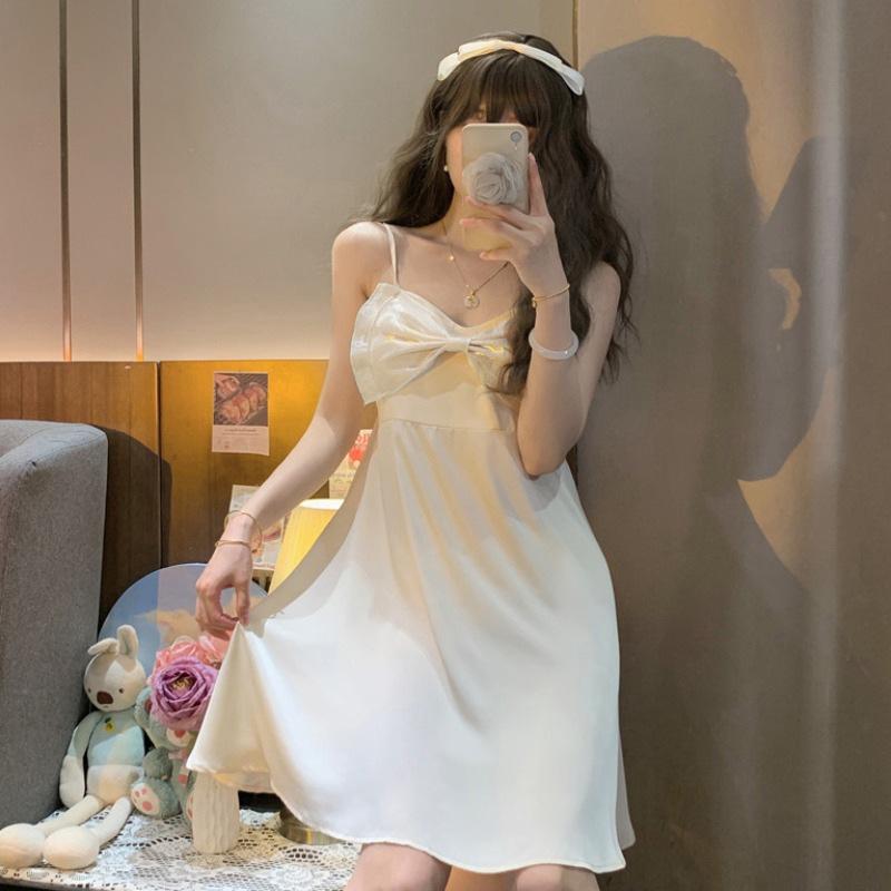 Sweet princess style sexy low-cut bow suspender skirt summer waist thin swinging A-shaped dress