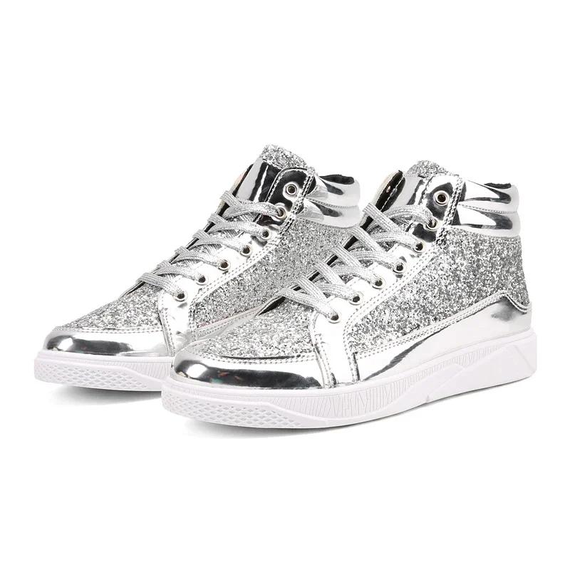 Hot Fashion Golden Shiny Mirrors Mens Shoes Casual Club Bar Glitter Streetwear Hip Hop High Top Men Sneakers Zapatos De Hombre