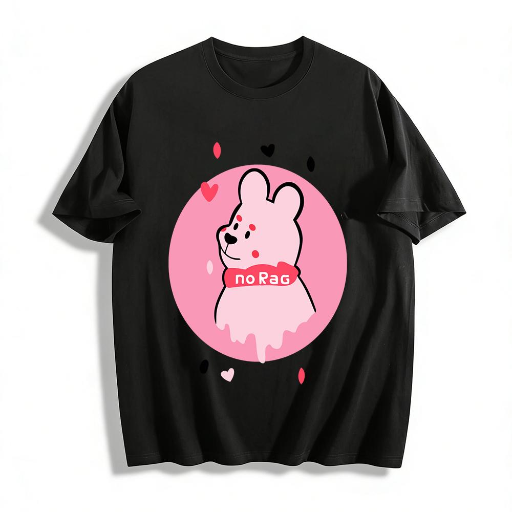 Cute Melted Pink Bear Print T-Shirt Casual No Rag Theme Loose Crewneck Top For Daily Wear Pure Cotton T-shirt