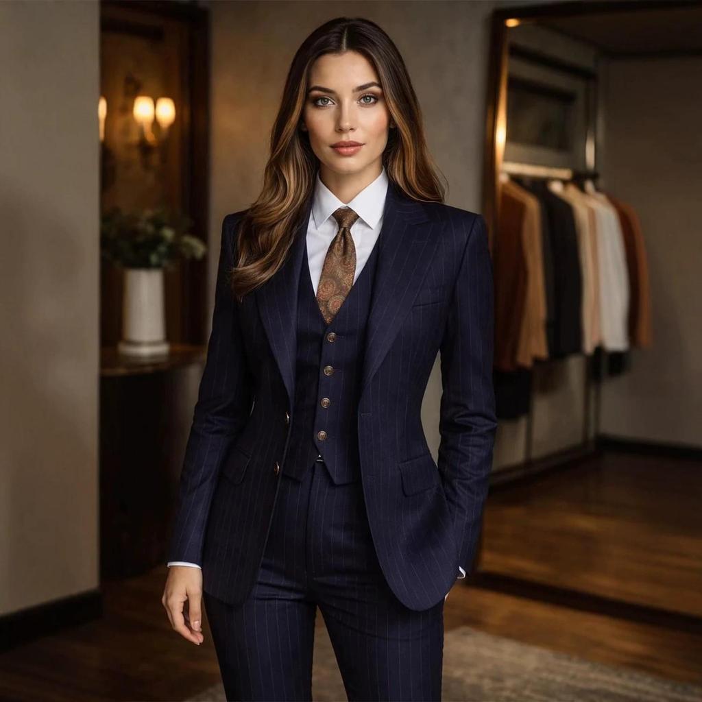 Navy Blue Pinstripe Suit Women's 3 Piece Suits for Office Chic Fashion Striped Suit (Jacket+Vest+Pants) Tailor Made