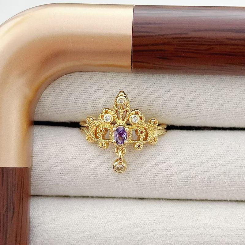 Medieval Vintage Light Luxury Crown Bead Open Ring Zircon Exquisite French Retro Court Style Index Finger Ring