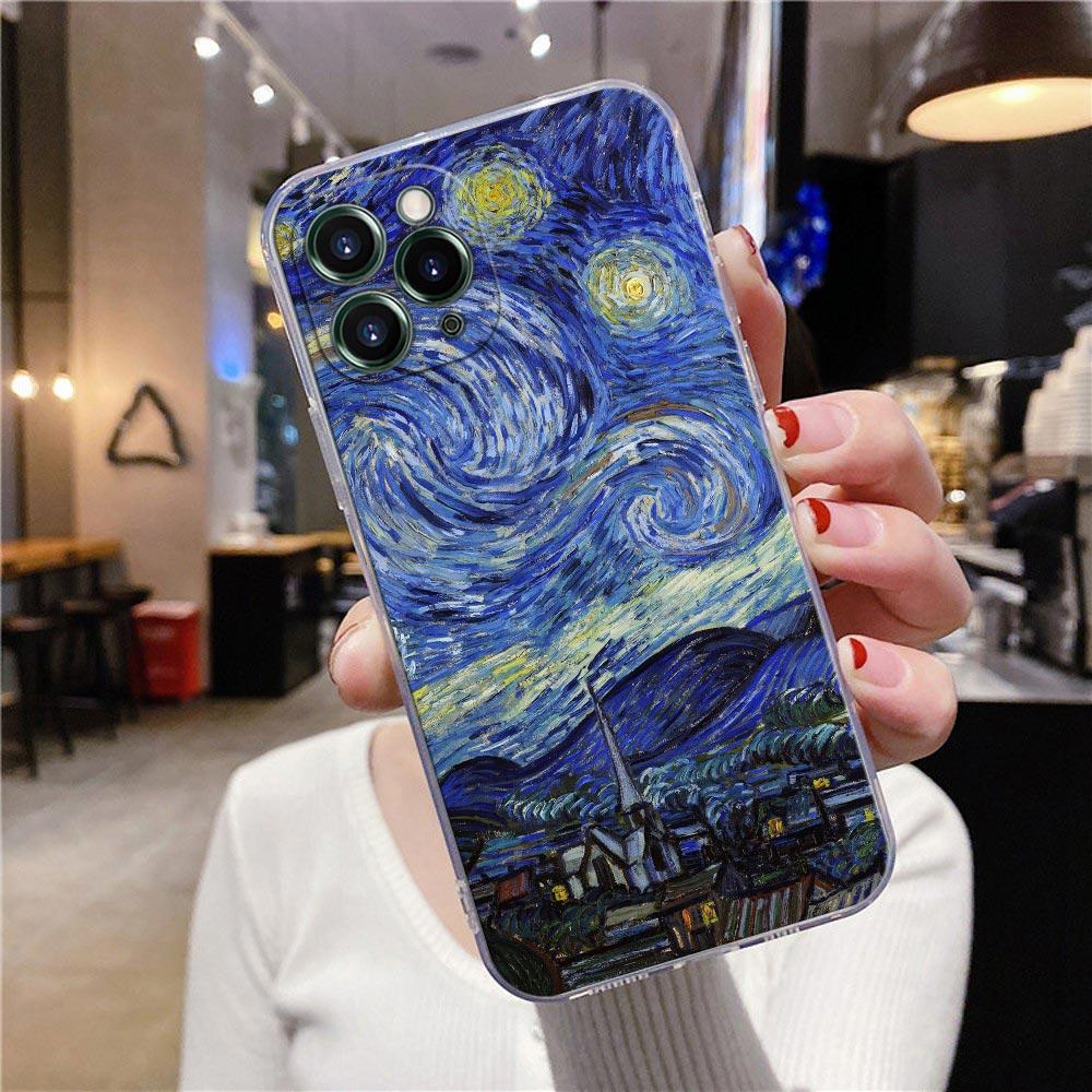 Transparent Case For Apple iPhone 12 11 13 Pro Max Mini XS X XR 6 7 8 Plus SE Cases Cover Cat Van Gogh Starry Night Oil Painting