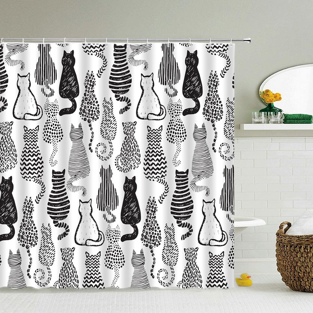 Cat Cartoon Animal Print Shower Curtain Bathroom Bathtub Shower Cover Shower Curtain With 12 Hooks Shower Curtain