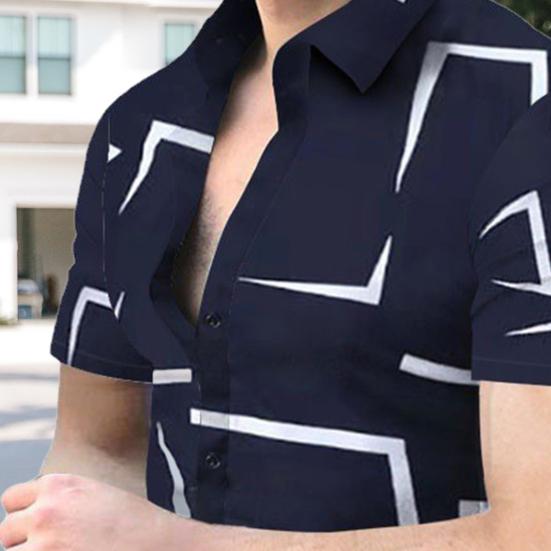 Sommar Herrskjorta Geometriskt Tryck Enkelknäppt Kortärmad Slim Fit Topp Nedvikt Krage Mellanlängd Kontrastfärgskjorta
