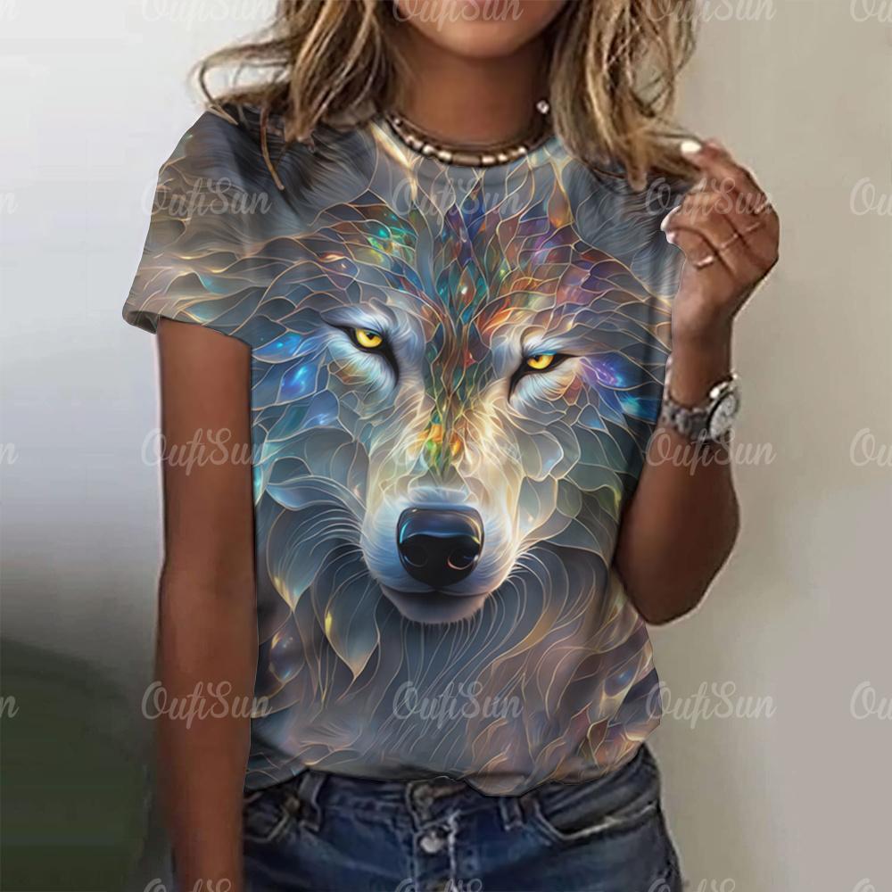 Neues T-Shirt für Damen 3D Wolf Print T-Shirts O-Ausschnitt Locker Kurzarm Bluse Damenmode Tiergrafik Tops Harajuku Streetwear