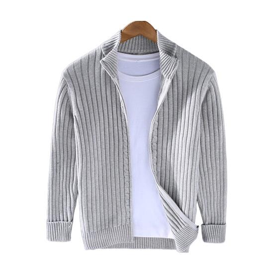 Fall Winter Men Coat Zipper Closure Knitted Cardigan Stand Collar Long Sleeves Solid Color Thick Elastic Loose Striped Texture Daily Wear Knit Jacket