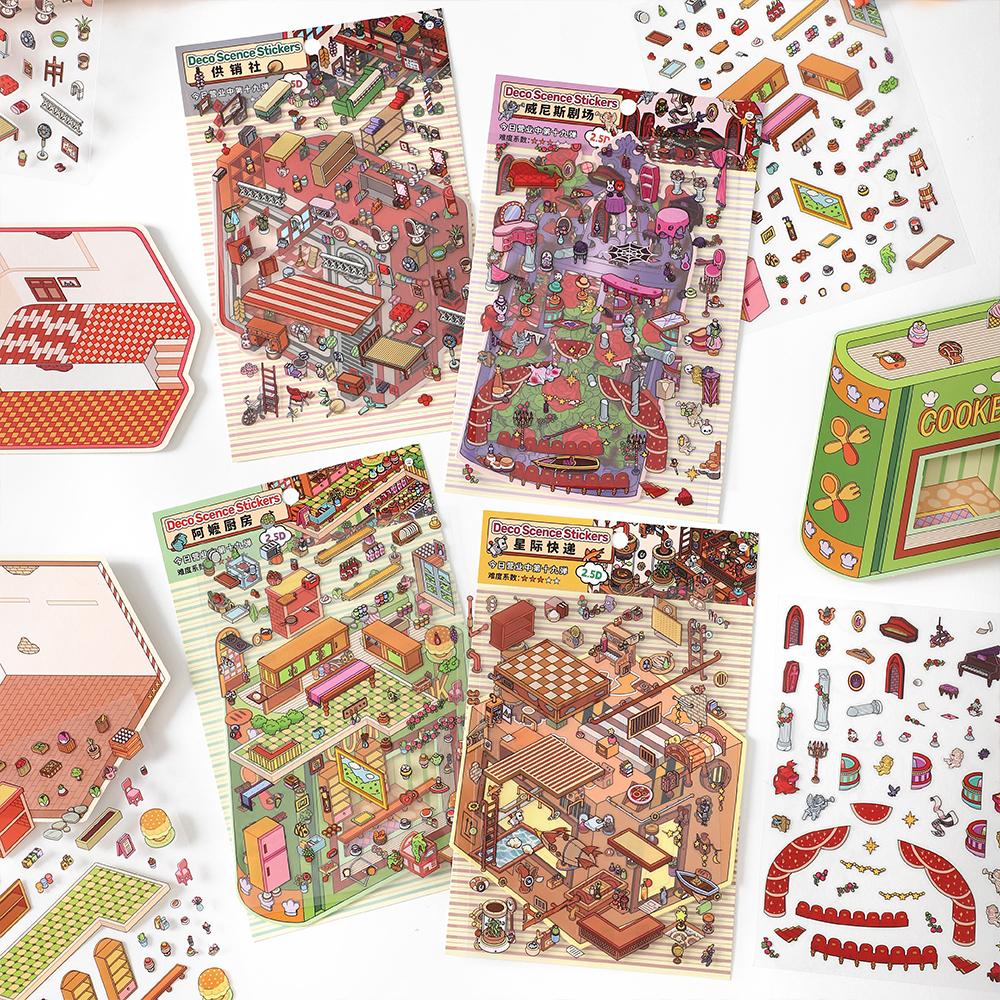 Kawaii 3D Small Shop 19.0 Miniature Scene Stickers Visual Stacking DIY Scrapbooking Pocket House Stickers Children Festival Gift