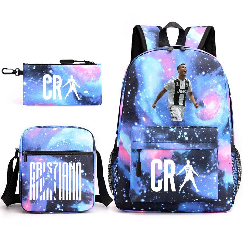 Football Star Teenager Student Schoolbag Ronaldo Pattern Three-Piece Backpack