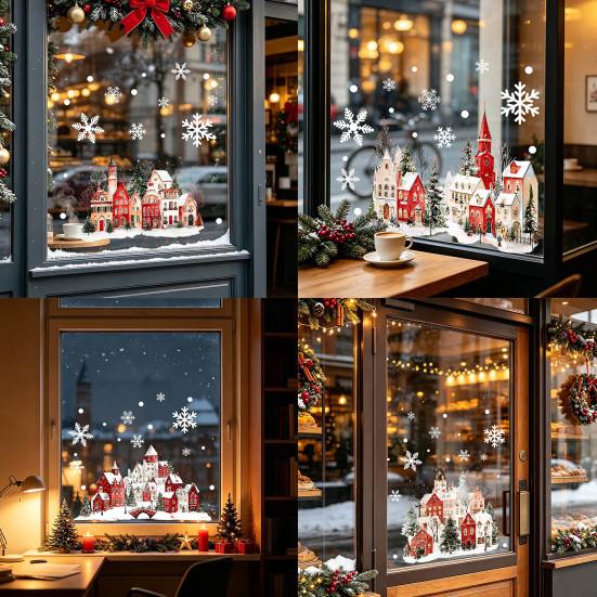 Christmas Window Clings Static Clings, Snowy Town House Snowflake Glass Decals, Reusable Glue Free Adsorption Xmas Stickers, Holiday Decor for