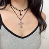 Hip-hop Punk Shiny Rhinestone Cross Pendant Double-layered Black Imitation Crystal Chain Necklace for Women Personality Jewelry