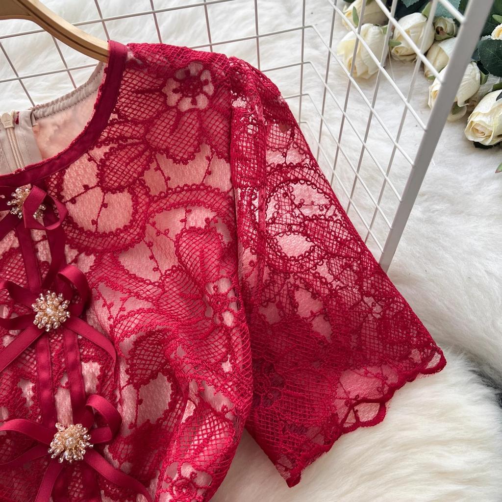 Luxury French High End Super Beautiful Lace Embroidery Women Summer O Neck Short Sleeve Bow Casual Party Evening Dresses