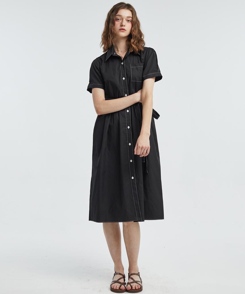 Manavis Seven Color Block Stitch Dress [Black]