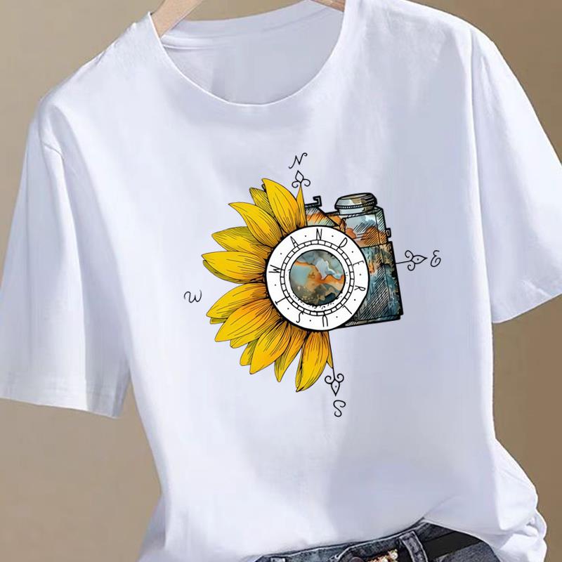 (Asian Size) Sweet Watercolor Trend Women Fashion Print Female Clothing T Shirt Tee Top Woman Short Sleeve Graphic T-shirts