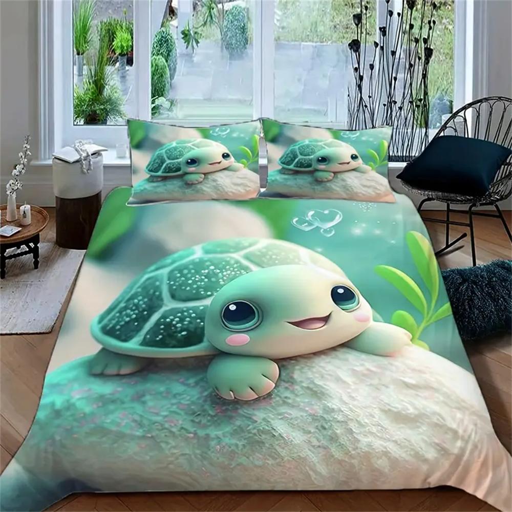 Cartoon Turtle Themed Duvet Cover Set - Breathable Soft Polyester Bedding with Zipper Closure, Digital Print, Knitted