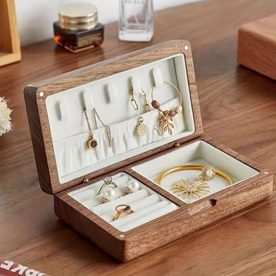 High-end Solid Wood Jewelry Box Black Walnut Wood Retro Small Thin Portable Gold Jewelry Ring Storage Box, Jewelry Boxes