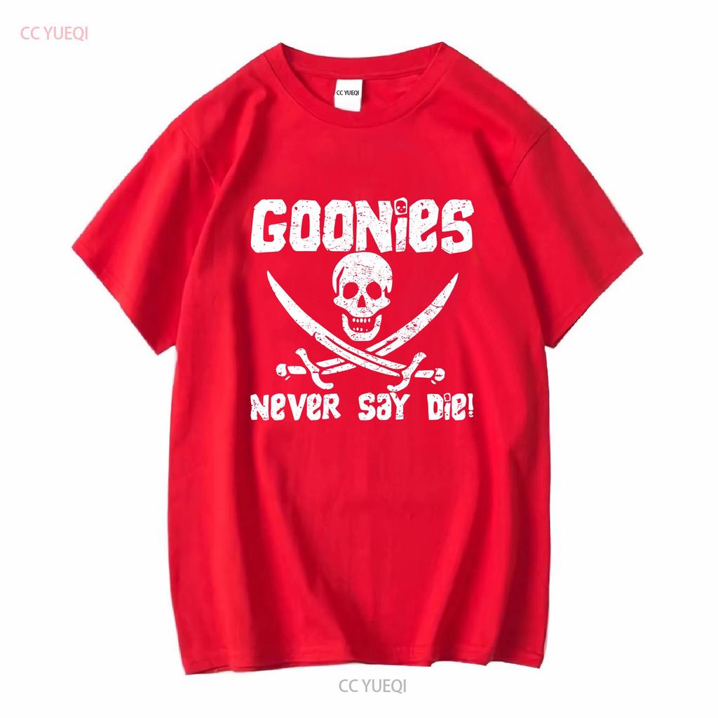 The Goonies Never Say Die Distressed Design T Shirt Vintage Washed Comfortable Graphic Top For Everyday Wear Fashion Stretched