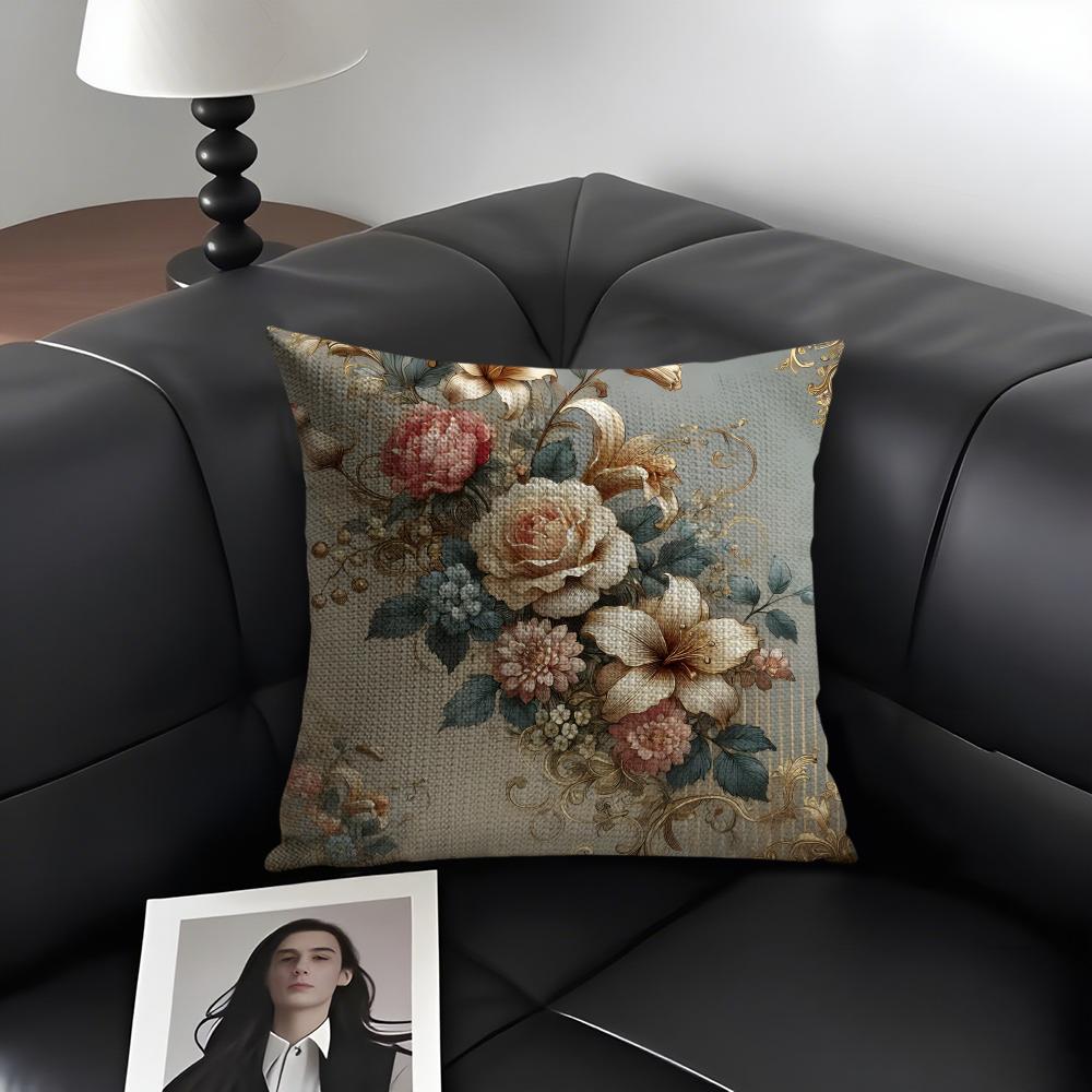 Rose Elegant Cushion Cover Natural Linen Organic Fabric Double-Sided Printing Sofa Home Decor Gift Pillow Case