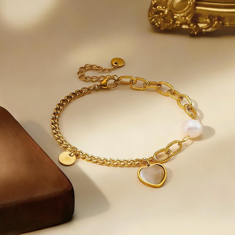 Titanium Steel Vintage Cat's Eye Stone Bracelet, Heart-shaped Pearl Bracelet, Jewelry Accessory