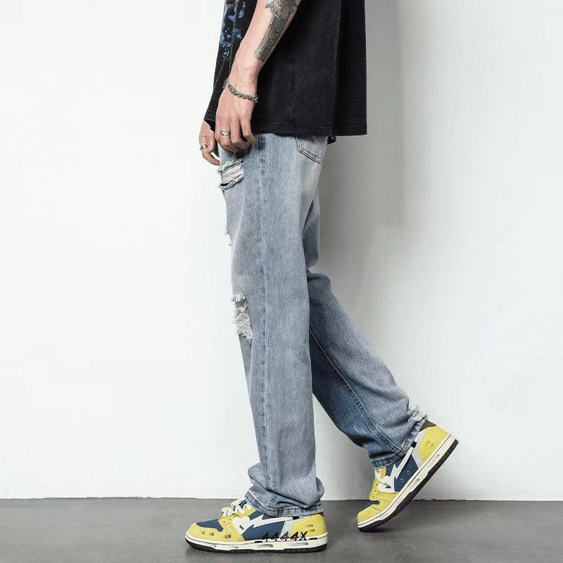 American High Street Washed Light Blue Ripped Jeans Men's Tide Brand Wide-leg Pants Loose Straight Casual Trousers Tide