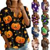 Women's Casual V Neck Button Front Three Quarter Sleeve Halloween Print T Shirt Top Lightweight Loose Fit Pullover Blouse for Everyday Wear