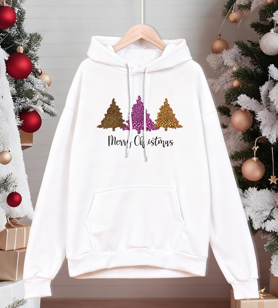 Joyeux Noël Imprimé Arbre Léopard Sweat à Capuche Homme Polaire Doux Sweat à Capuche Décontracté Pull Multicolore Masculin Confortable Ample Streetwear