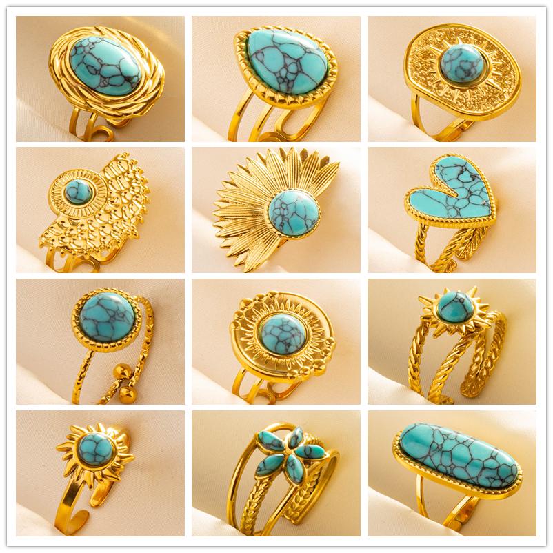 Turquoise Finger Jewelry Long Oval Sun Heart Water Drop Stainless Steel Rings For Women Men Accessories Gold Plated Open Anillos