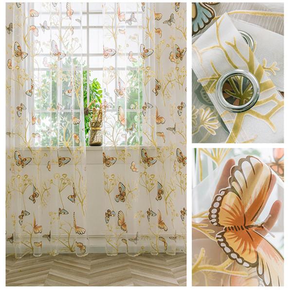 Transparenter Tüll-Vorhang, Schmetterlingsdruck, transparentes Fenster, Voile-Drapierung, Volantstoff, romantischer Blumen-Fensterschutz, 1 Stück