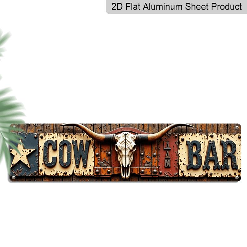2D Flat Cowboy Bar Theme Aluminium Decorative Sign - Rustic Western-themed Wall Decoration Showcasing A Bull Skull Centerpiece with Vintage Lettering