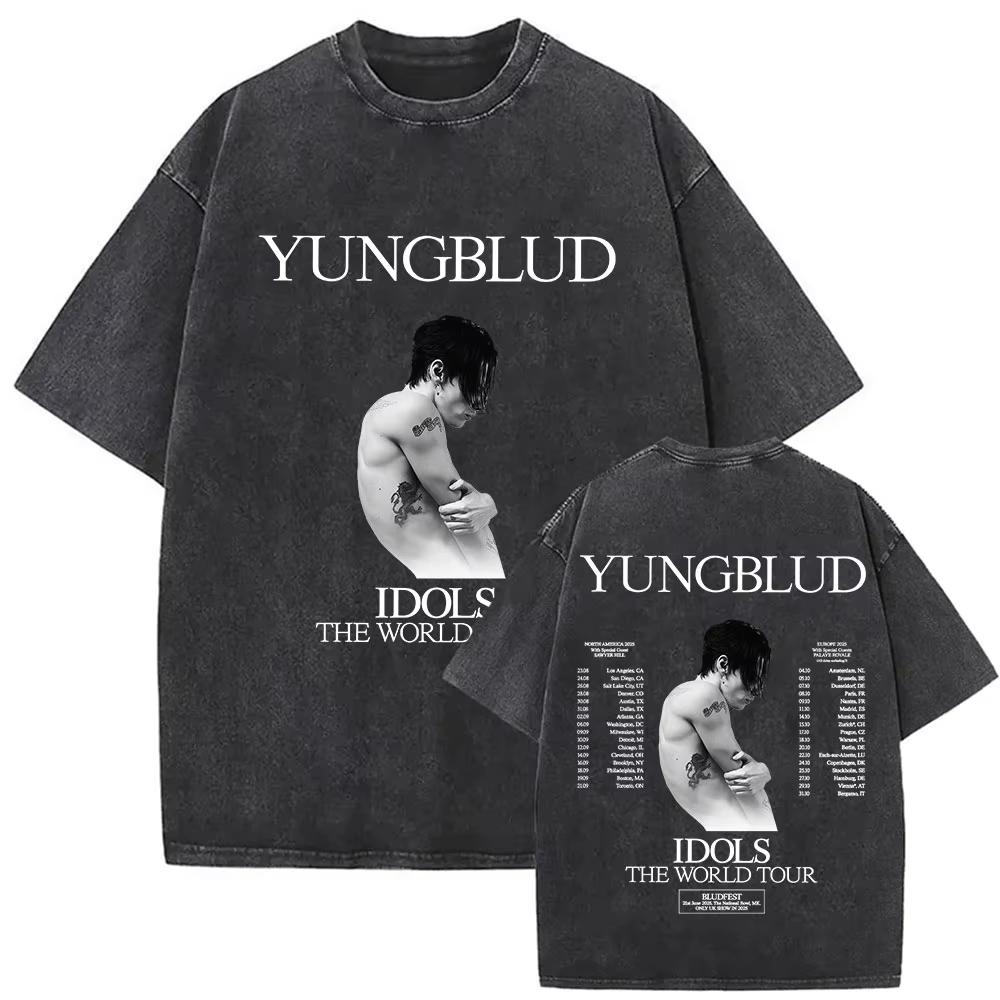 Vintage Washed Yungblud IDOLS The World Tour T Shirts Mens Women Hip Hop High Quality Gothic Oversized Tshirts Streetwear