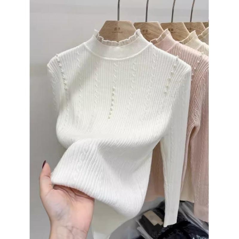 Semi-turtleneck Bottoming Shirt Women's Autumn and Winter Inner Twist Pearl Unique Chic Top Sweater Knitted Sweater Long Sleeve
