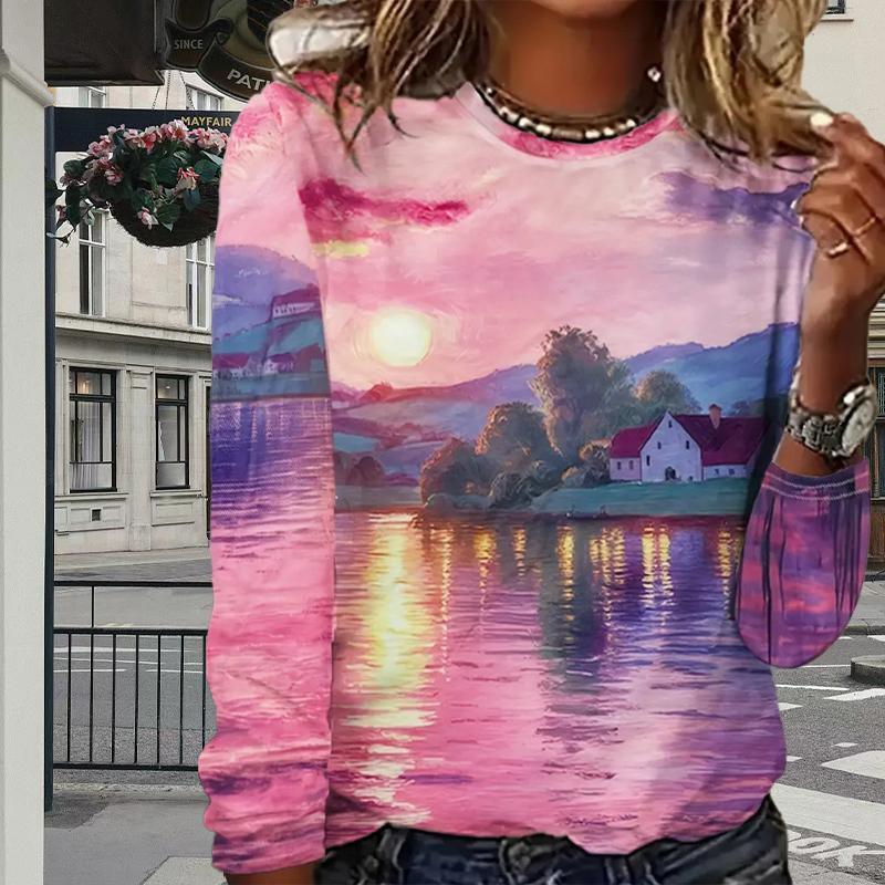 Tops For Women Maple Leaf Watercolor Painting Print Round Neck Long Sleeve T-shirt Fall Casual Slim Pullover Women's Long Sleeve Top